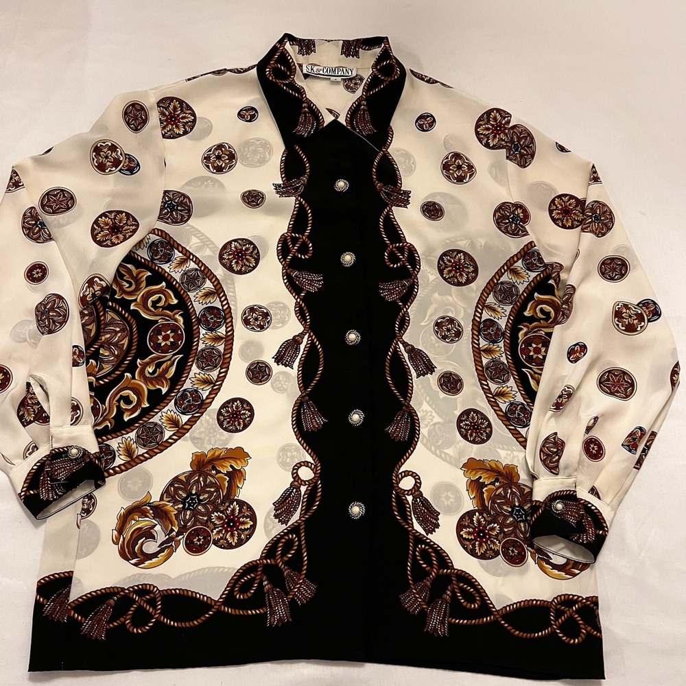 VTG SK‎ & Company Blouse Baroque Print Pearl Button Up Classy Dressy Office Sz 6